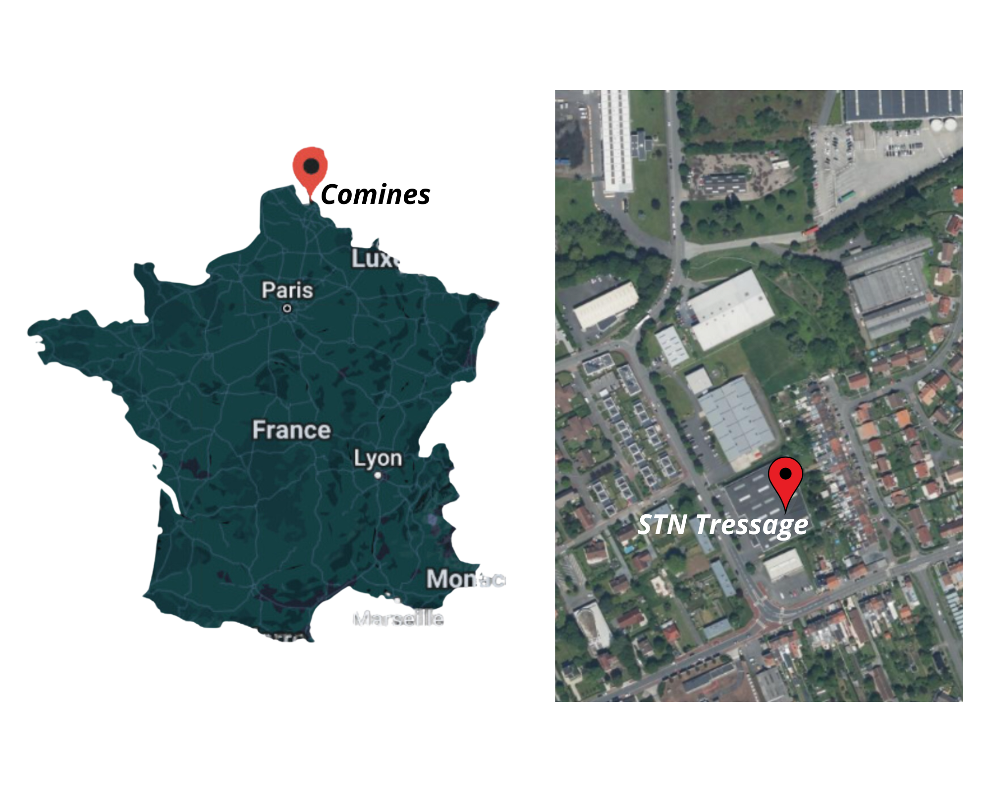 Carte de la France et vu du ciel d'où se trouve STN Tressage